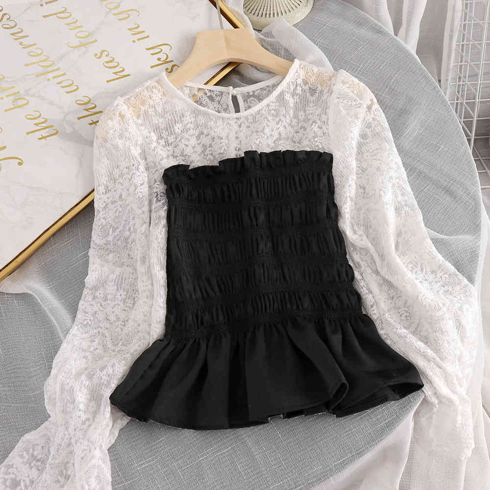 Elegant Shirt Fashion Office Lady Tops Korean Style Women Lace Sleeve Patch Blouse Feminina Pleated Ruffle Blusas 210519