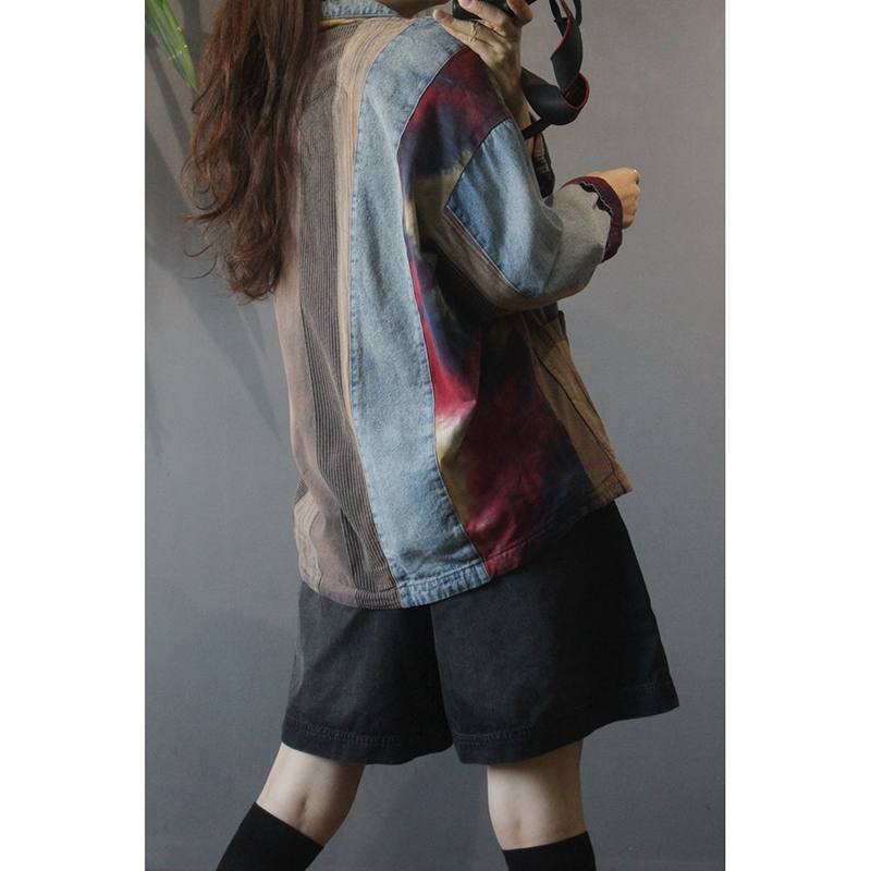 Spring Autumn Arts Style Women Long Sleeve Loose Vintage Blazers Double Pocket Cotton Denim Patchwork Blazer Femme Coat M179 210512