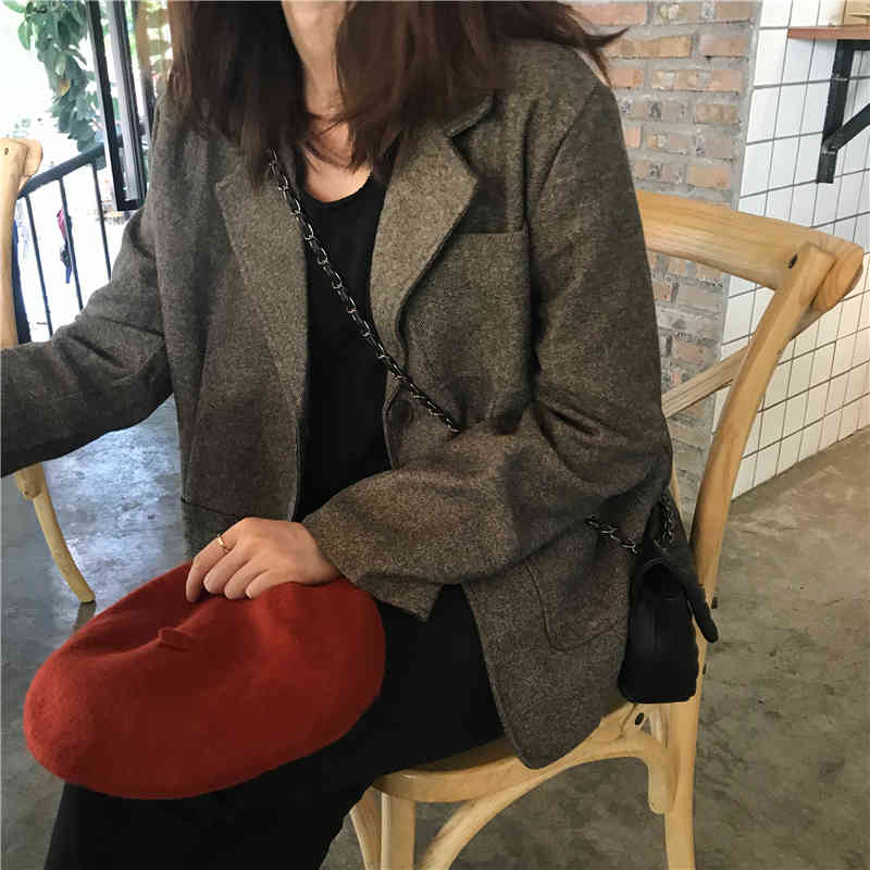 Elegant Blazers Women Vintage Work Wear Blazer Loose Formal OL Single-breasted Thick Suit Collar Jacket Female 210421