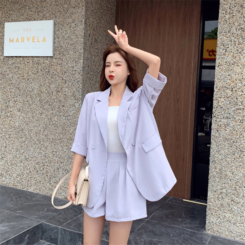 OL Purple Thin Summer Streetwear Chic Elegance Brief Blazers+High Waist Stylish Shorts Suits Women 2 Piece Sets 210421