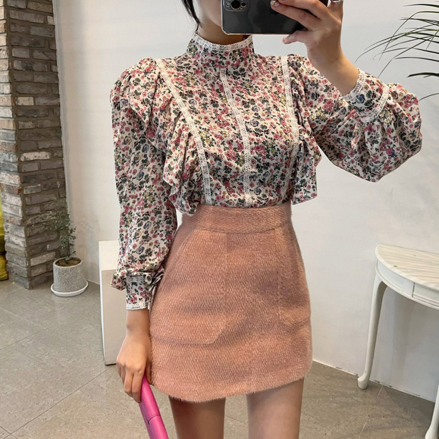 Comelsexy Vintage Floral Ruffles Puff Sleeves OL High Street Fashion Blouses Brief Printed All Match Chic Women Shirts 210515