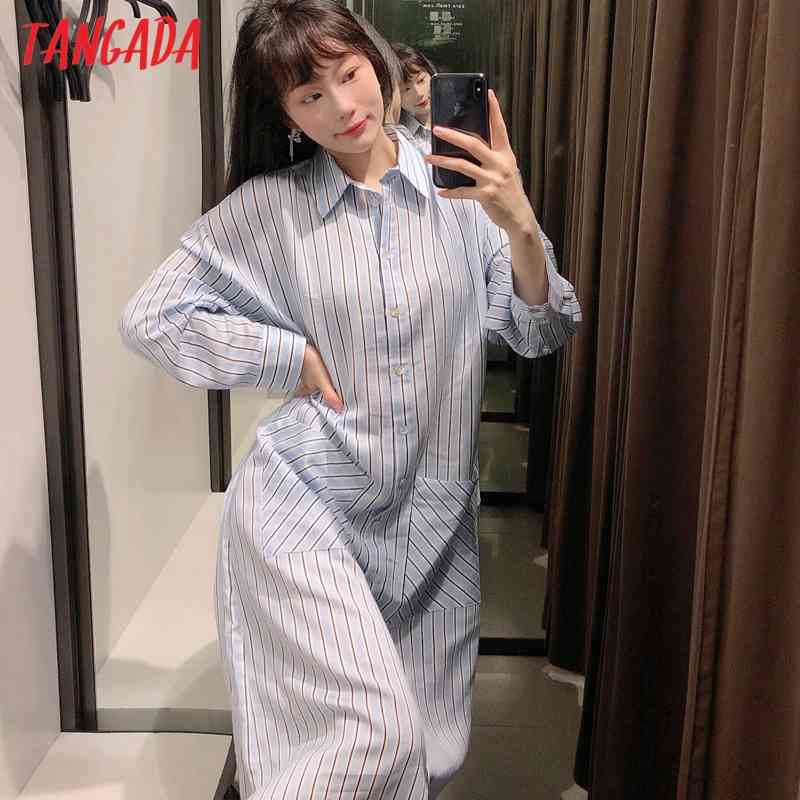Fashion Women Striped Print Shirt Pocket Long Sleeve Ladies Midi Dress with Slash BE601 210416