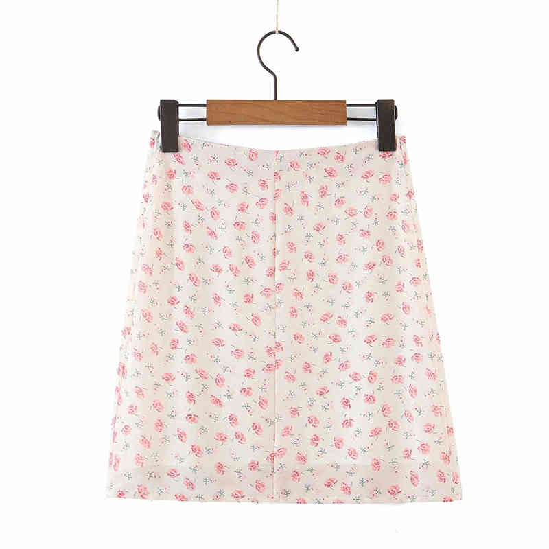 Summer Women Sexy Flower Print Side Half Slit Skirt Female Retro Fashion Button Decoration Buttocks Mini Skirt 210520