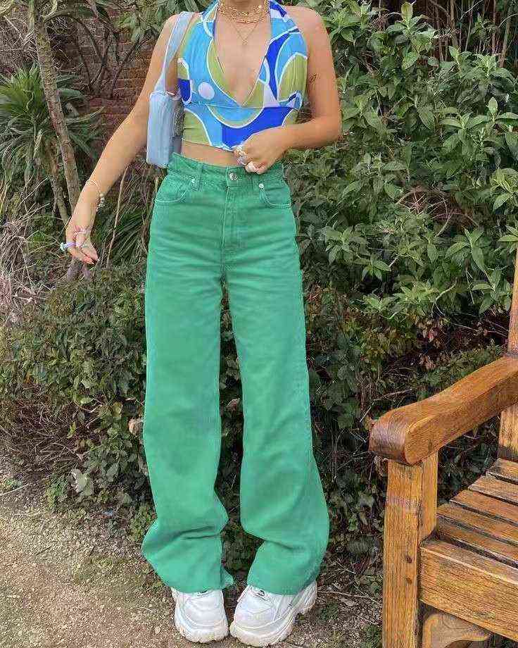Women Jeans Pants Retro Brown Pocket High Waist Straight Casual for women denim jeans 211112