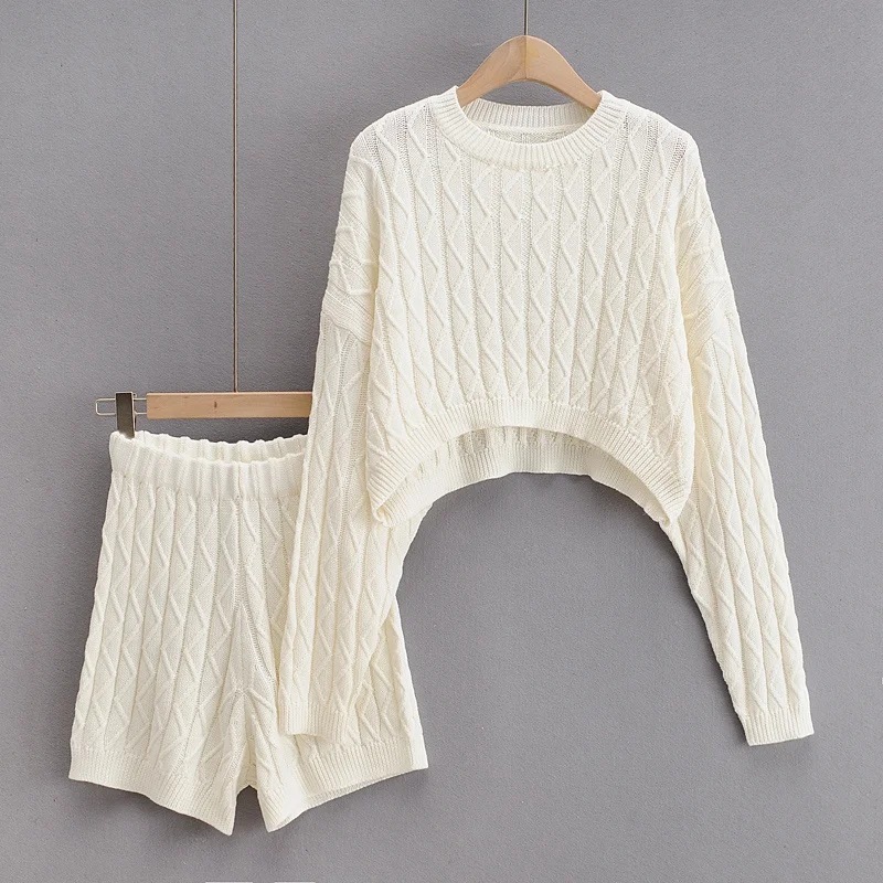 Nomikuma Knitted Causal Women 2pieces Sets Long Sleeve O-neck Crop Top Sweater + High Waist Shorts Korean Plaid Outfits 6C758 210427