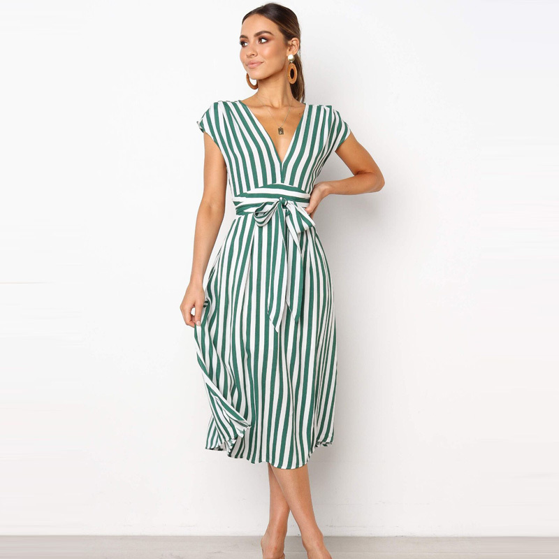 Lossky Summer Women Stripe Long Dress Sexy Deep V-neck Elegant Ladies Dresses Womens Clothing Midi Dress For Women Casual 210331