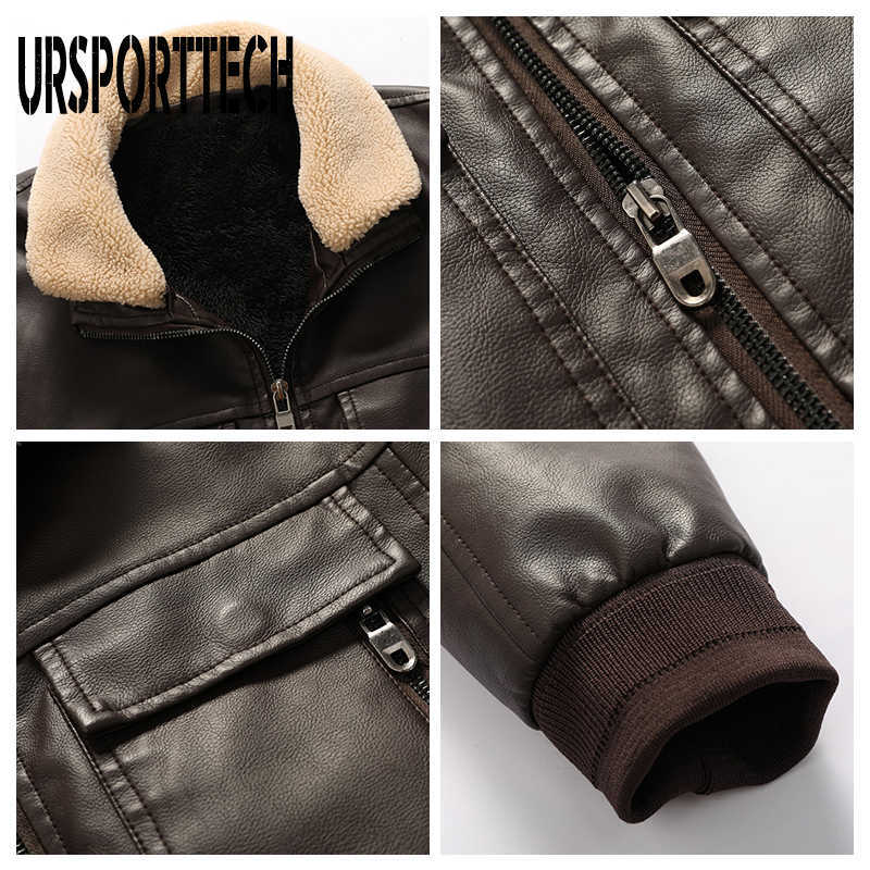 URSPORTTECH Mens Leather Jacket Winter Casual Thick Fleece Men Motorcycle PU Jacket Biker Leather Coats Fur Collar Multi-pockets 210528