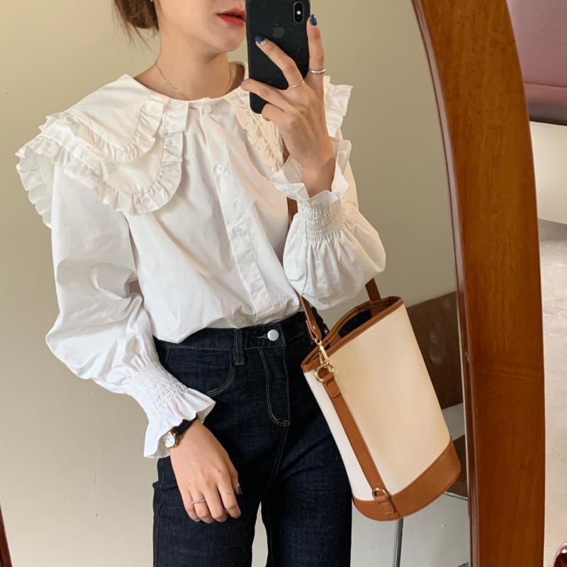 Fashion Long Sleeve White Shirt Women Peter Pan Collar Ruffles Vintage 's Shirts Casual Cotton Blouse Blusa 12392 210508