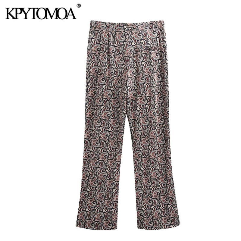 Women Fashion Paisley Print Side Pockets Velvet Pants High Waist Zipper Fly Female Ankle Trousers Mujer 210420