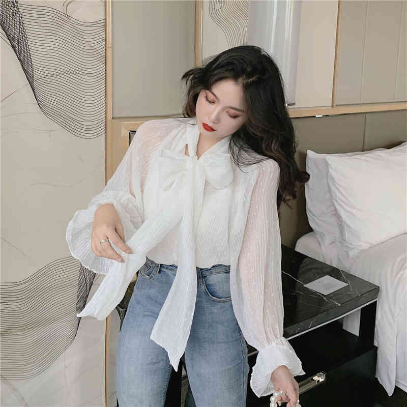 Spring Fashion Women Sweet Tie Bow Chiffon Flare Sleeve Formal Korean Casual Elegant Blouse Female 210519