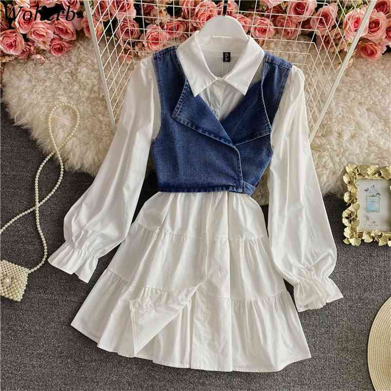 Women Sets High Stree Sweet Slim Waist White Shirt Dress Vintage Denim Vest Two Piece Set Korean Chic Suit 4h485 210519