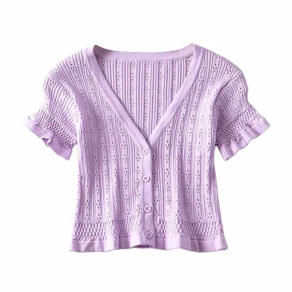Summer ruffle pink cardigan women crop sweater korean fashion clothing Sexy button knitted 210521