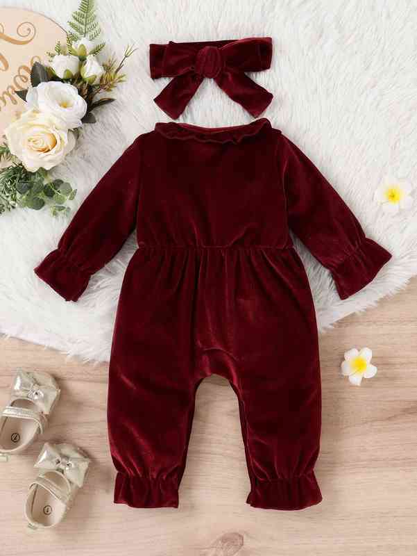 Baby Ruffle Trim Velvet Jumpsuit & Headband SHE