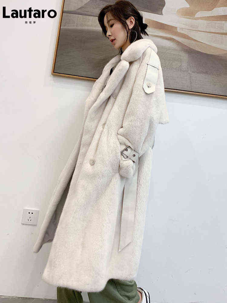 Lautaro Winter Long White Thick Warm Soft Fluffy Faux Mink Fur Trench Coat for Women Double Breasted British Style Fashion 211123