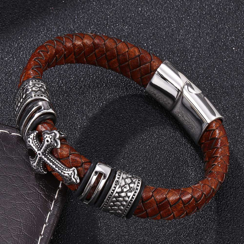 Stainless Steel Cross Charm Magnetic Buckle Bracelet Multilayer Genuine Leather Bracelets for Men Gift