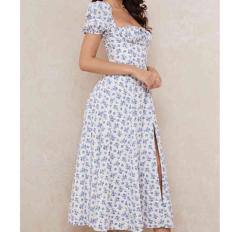 Blue Floral Print Elegant Long Maxi Dress Women Square Neck Short Sleeve Sexy Slits A-line Summer Robe Longue 210430