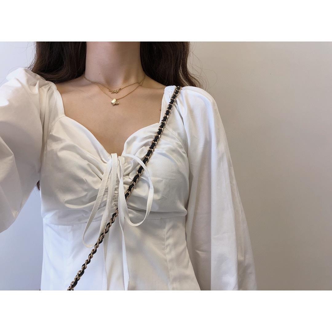 Elegant White Dress Women Casual Long Sleeve Vintage Fairy Midi Dress Draped Lace-Up Slim Dress Korean Autumn 210521