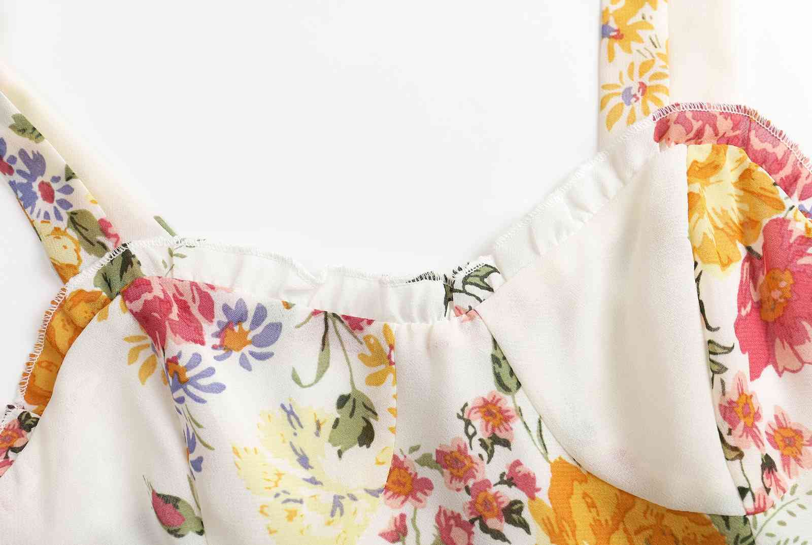 Vintage French Flower Print Tie Bow Spaghetti Strap Short Summer Dress Women Wood ear Ruffles Hem Ruched Back Sling Dresses 210429