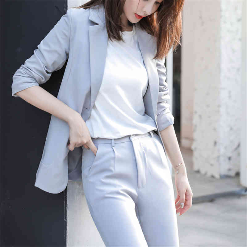 Stylish All Match Office Lady Slim Formal Blazers+High Waist Elegant Straight Pants Suits 2 Piece Sets 210421