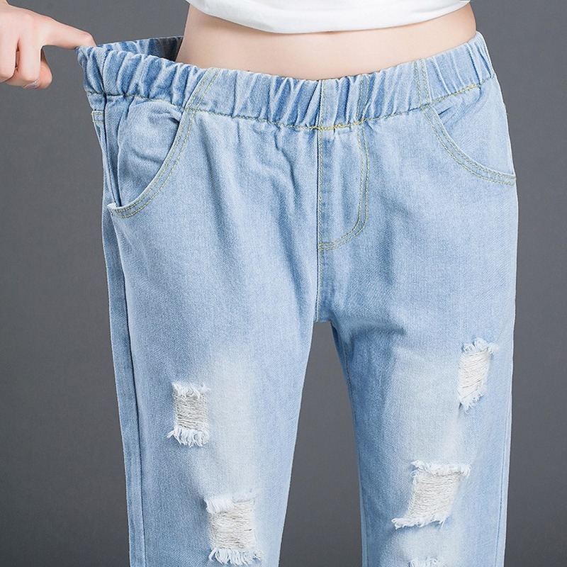 Plus Size Women Ripped Jeans Casual Spring Summer Elasticated Waist Ankle Light Blue Woman Boyfriend Denim Harem Pants 210428
