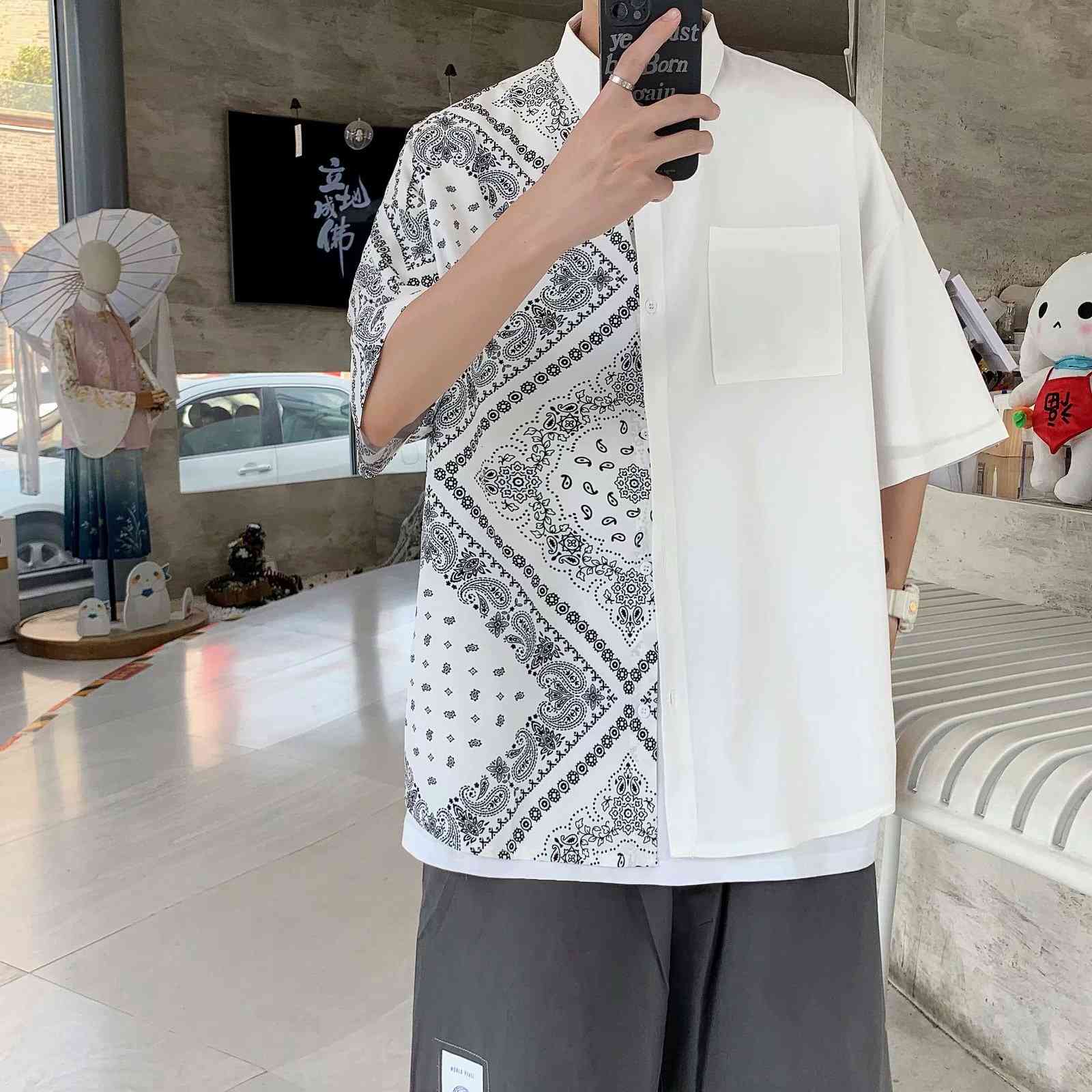 t shirt cashew flower men's short sleeve ins summer thin coat korean fashion ruffian, White;black