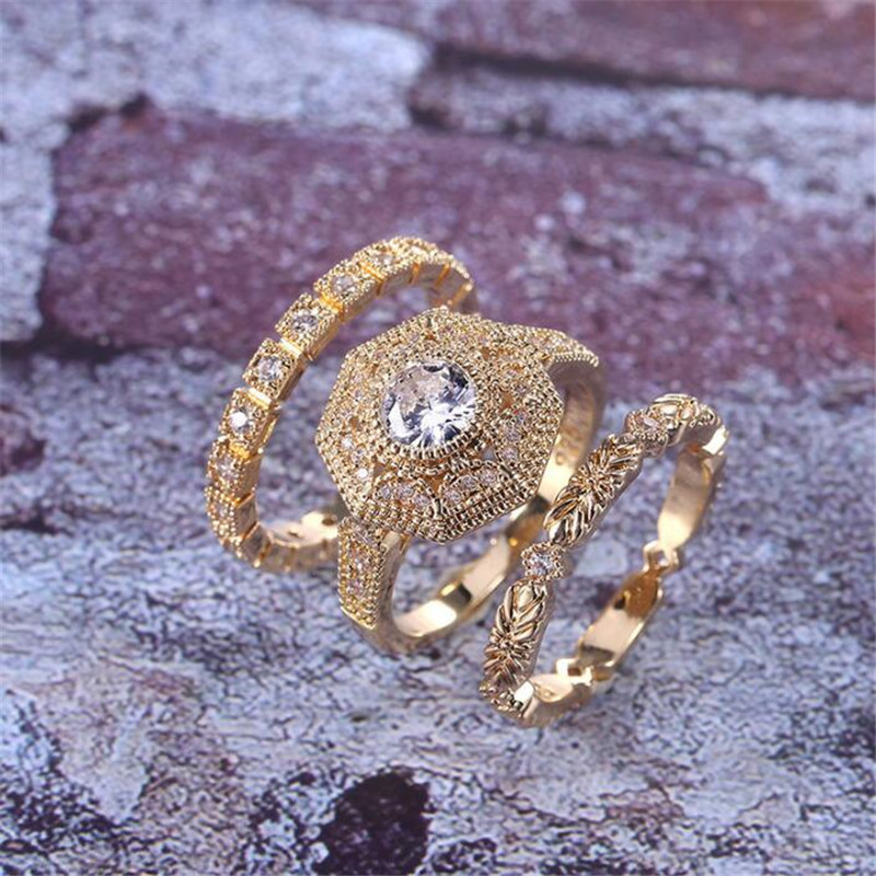 Choucong Brand Wedding Rings Top Sell 3Pcs Vintage Jewelry 925 Sterling Silver&Gold Fill Round Cut White Eternity 3A Cubic Zircon Women Bridal Ring Se