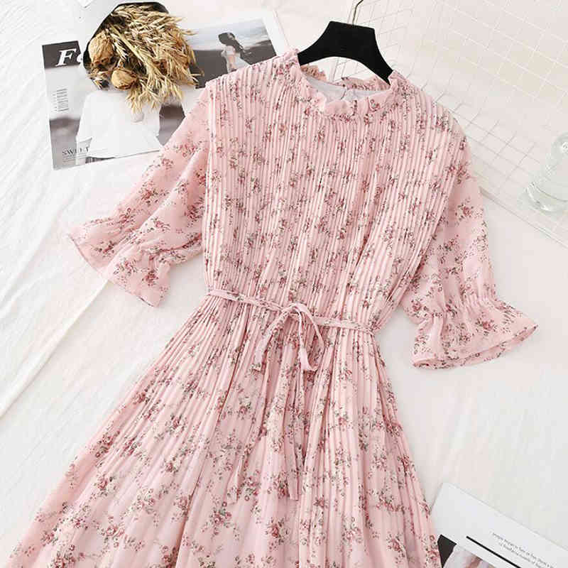 Summer Chiffon Midi Dress Korean Floral Printing Ruffles Dresses Casual Short Sleeve Pleated Hem Elegant Party Vestidos 210521