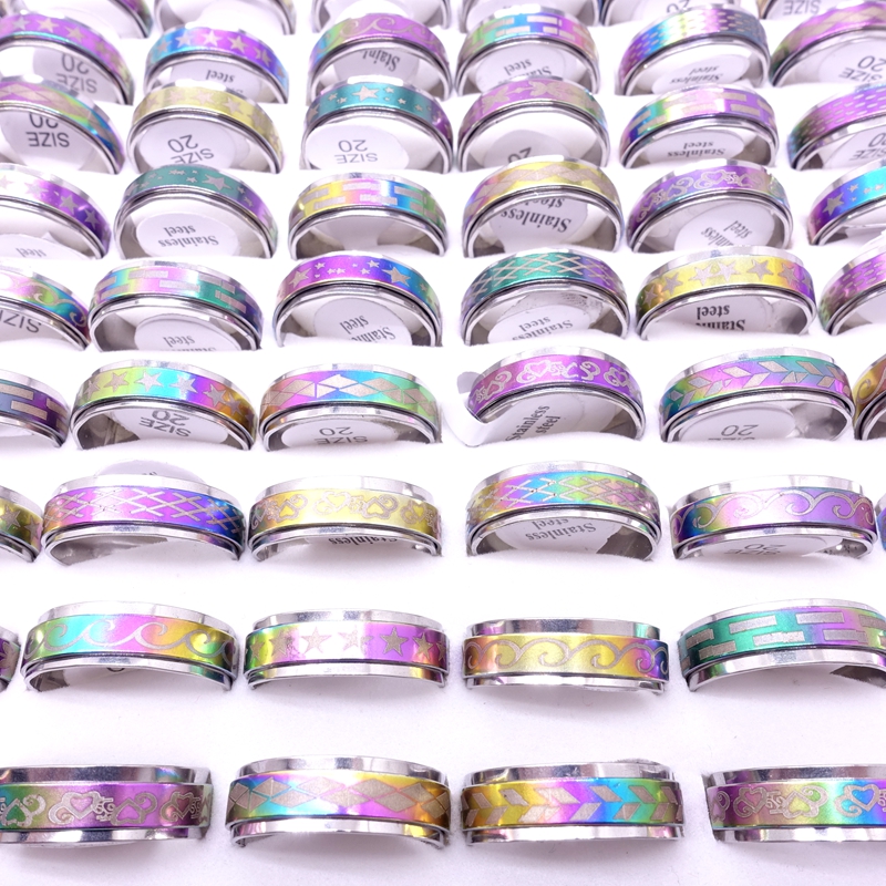 Wholesae 100PCs Lot Stainless Steel Spin Band Rings Rotatable Multicolor Laser Printed Mix Patterns Fashion Jewelry Spinner Party