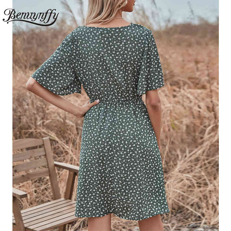 Surplice Neck Print High Waist Dresses Summer Short Sleeve Fashion Women Sweet Casual A-Line Mini Dress No Belt 210510