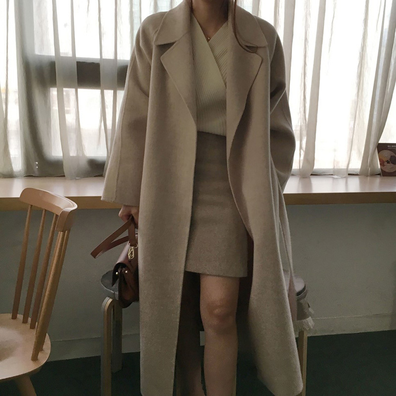 Women Elegant Long Wool Coat With Belt Solid Color Sleeve Chic Outerwear Ladies Overcoat Autumn Winter 210515