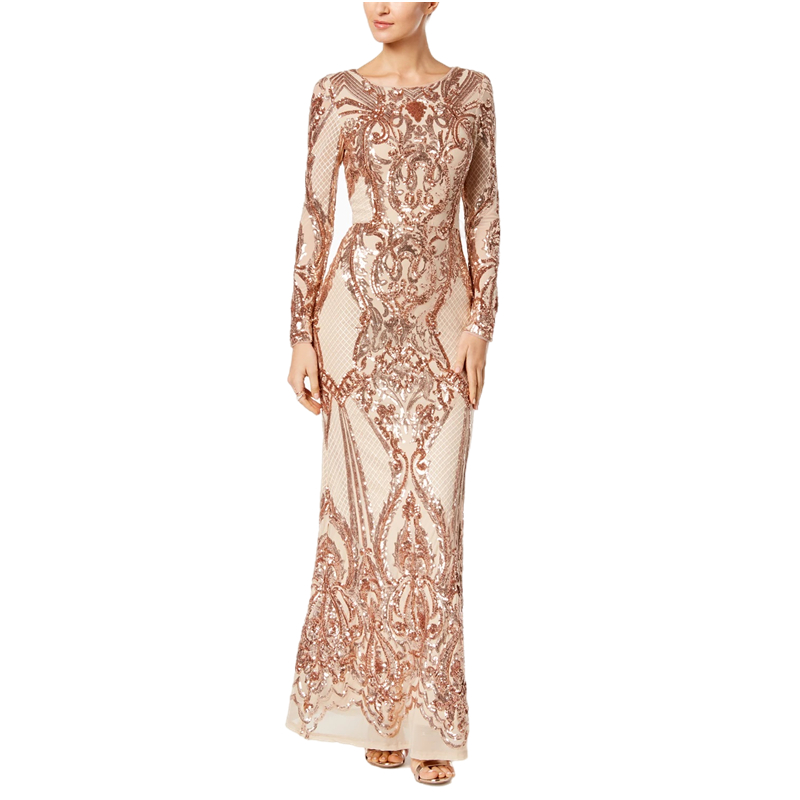 Elegant Champagne Sequined Mermaid Evening Dresses For Women 2022 Glitter Sequins Dinner Evening Gowns Long Sleeve Crew Neck Floor Length Prom Party D