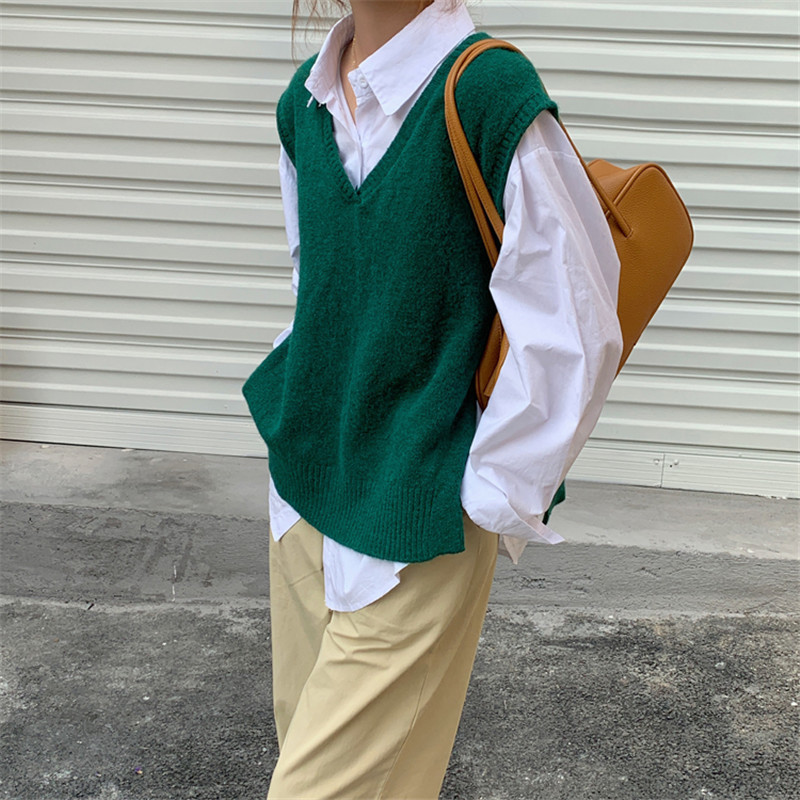 Spring Autumn Sleeveless OL Outwear Vest Sweater Women Tops Minimalist Elegant V-neck Loose Knitted Sweaters 210421