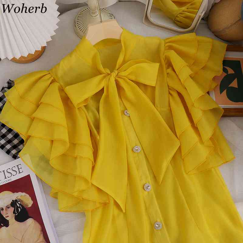 Women Blouse Ruffles Short Sleeve Shirt Office Lady Solid Summer Korean Streetwear Blusas Mujer Fashion Tops Vintage 210519