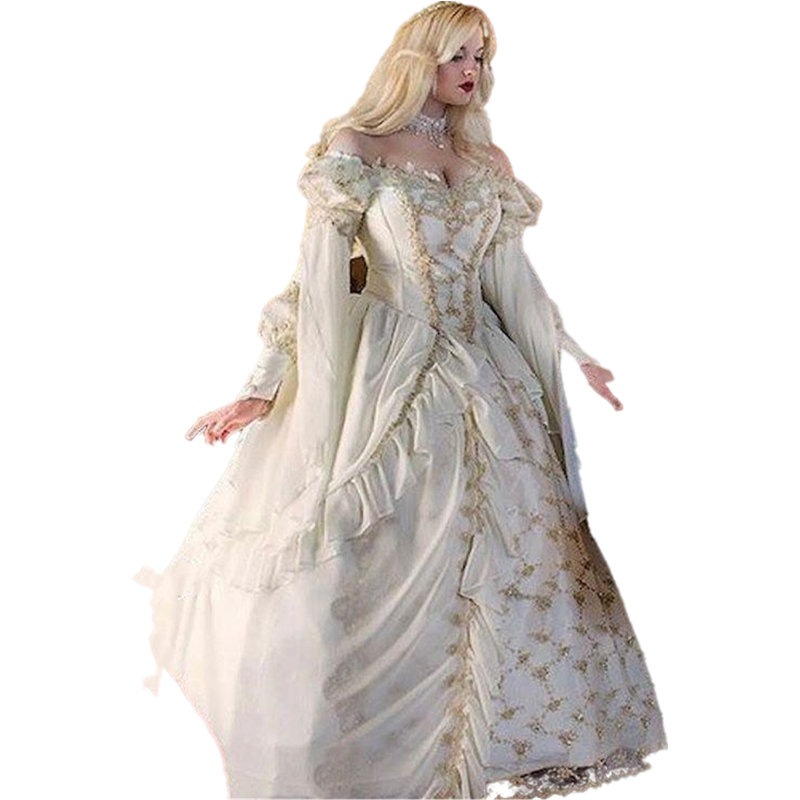 Retro Medieval Victorian Gothic Ball Gown Prom Dresses Vintage Long Sleeve Gold Lace Appliques Lace-up Corset Masquerade Dress Party Formal Evening Go