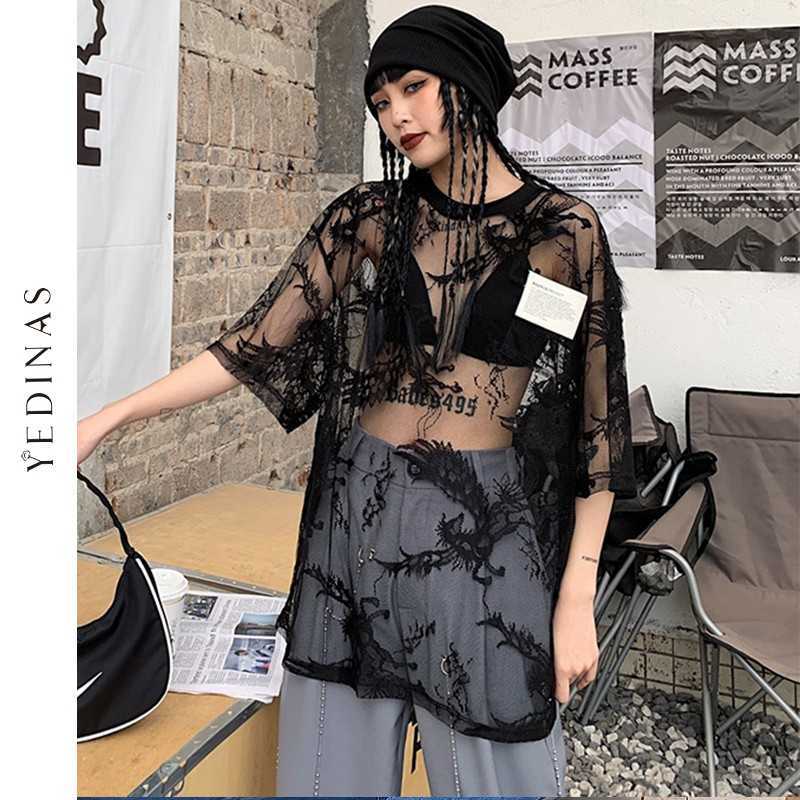 Yedinas Summer Sexy Mesh T Shirts Women Lace See Through Oversize Tops Semitransparent Gothic E Girl T-shirt Streetwear 90s 210527
