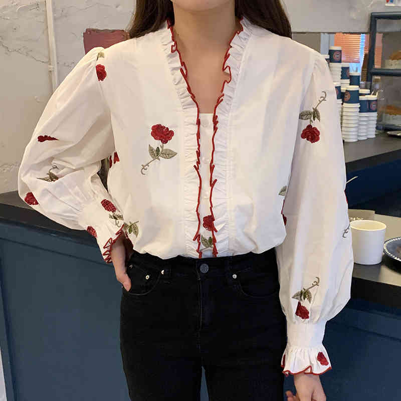 Nomikuma Floral Embroidery Korea Chic Blouse Shirt Causal V-neck Puff Sleeve Women Tops Spring New Camisas Mujer 6G448 210427