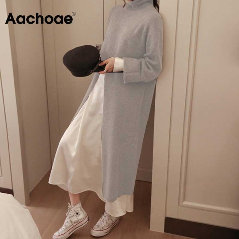 Aachoae Fashion Knitted Turtleneck Long Sweater Women Front Split Office Solid Pullover Autumn Winter Elegant Jumper Sweaters 210914