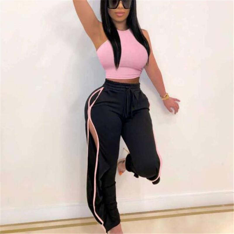 Women Sexy 2pcs Sets Slim Short Tank + Long Pants Tracksuits Summer Sleeveless Solid Color Vest Side-opened Sport Trousers Suits Women's