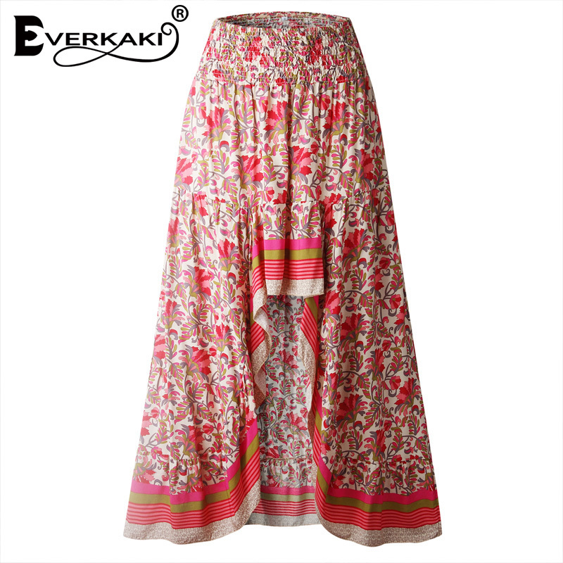 Everkaki Boho Print Long Skirts Women Bottoms Elastic Waist Gypsy Ethnic Ladies Skirt Female Spring Summer New Fashion 210408