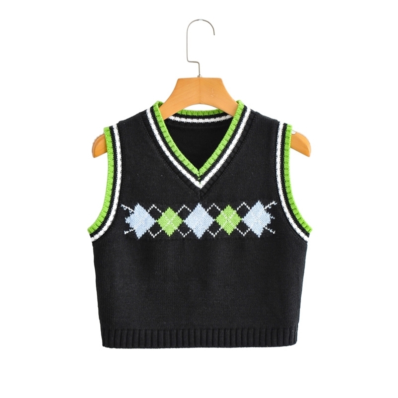 women' top check diamond jacquard v-neck sleeveless sweater vest Casual knit waistcoat spring summer 210524, Black
women' top check diamond jacquard v-neck sleeveless sweater vest Casual knit waistcoat spring summer 210524, Black