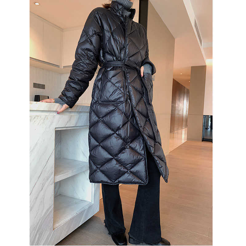 Long Winter Coat Rhombus Pattern Casual Sashes Women Parkas Pockets Tailored Collar Puffer Jacket Cotton-padded Outwear 211014