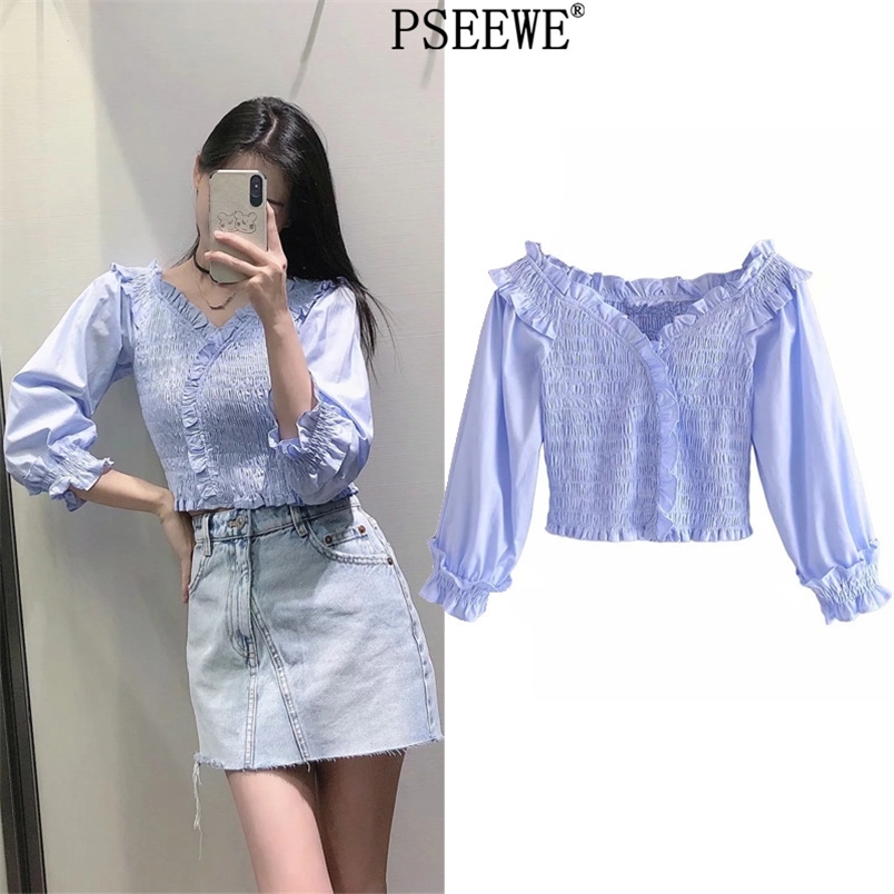Crop Top Woman Blue Stretch Puff Sleeve Summer Blouses Women Elastic Ruffle V Neck Fashion Slim Beautiful 210519
Crop Top Woman Blue Stretch Puff Sleeve Summer Blouses Women Elastic Ruffle V Neck Fashion Slim Beautiful 210519