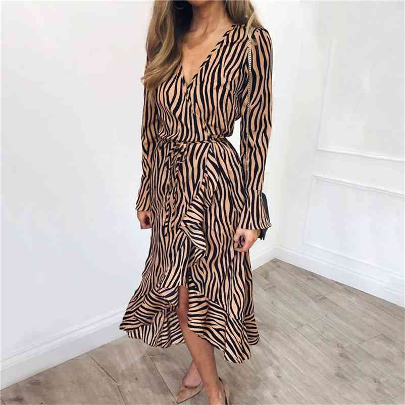 Summer Long Dresses Women Zebra Print Beach Chiffon Dress Casual Long Sleeve V Neck Ruffles Elegant Party Dress Vestidos 210409