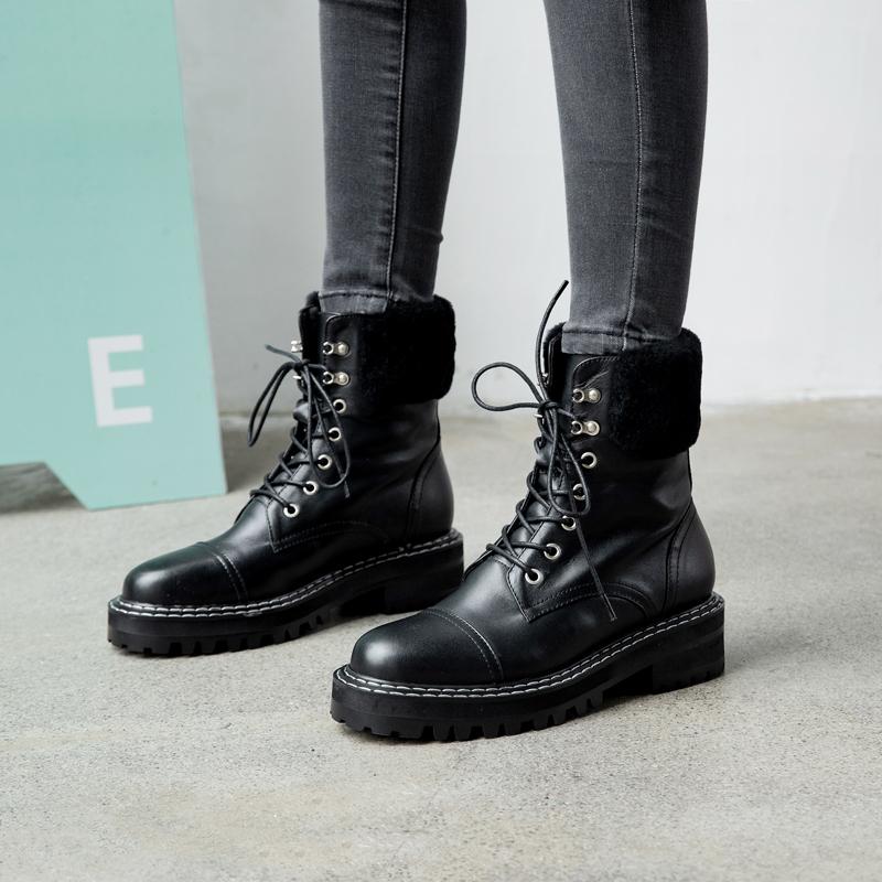 Boots Leather Snow Women Autumn Winter Cross Strap Low Square Heels Motorcycle Female Brown Back Sewing Wool Ankle Boot