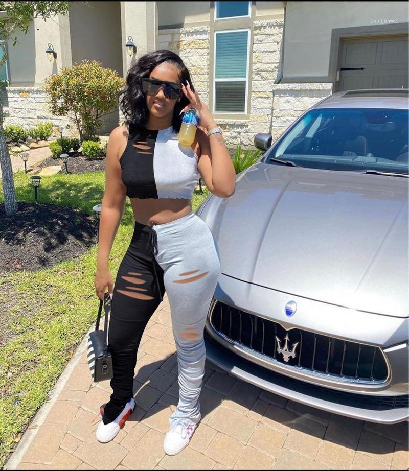 Women' Tracksuits Folds Hole Contrast Long Pants Sets Splicing Sleeveless Vest T-shirts Burn Flowers Skinny Legging Tracksuit Set, Gray-purple
Women' Tracksuits Folds Hole Contrast Long Pants Sets Splicing Sleeveless Vest T-shirts Burn Flowers Skinny Legging Tracksuit Set, Gray-purple