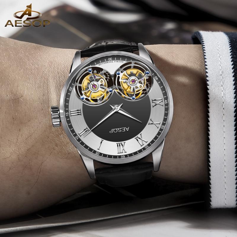 Wristwatches AESOP Top Brand Men's Watch 100% Real Double Tourbillon Movement Mechanical Watches Luxury Sapphire Waterproof Clock, White