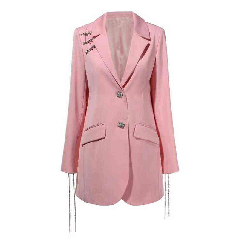 DEAT Notched Collar Pink Color Full Sleeves Single Breasted Spliced Metal Buttons High Waist Blazer Female Top WP95111L 211122