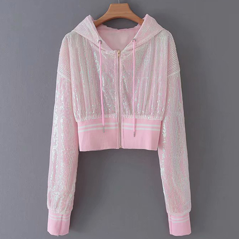 Black silver Women's jacket autumn sunscreen sports hooded jacket sequins pink zipper sweet long sleeve short coat female 210507