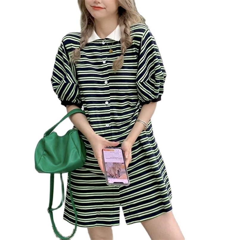 POLO Collar Puff Sleeve Striped Single-breasted Fashion Casual All-match Dress Women Summer Women's Clothing 210520, Green
POLO Collar Puff Sleeve Striped Single-breasted Fashion Casual All-match Dress Women Summer Women's Clothing 210520, Green