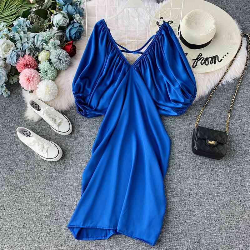 Retro Solid Plated Fashion Vestidos Elegant Korean Puff Sleeve Women Dress Summer V-neck Midi Dresses 210521